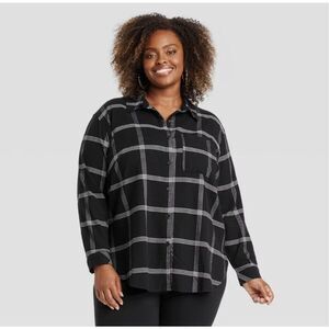 Ava & Viv NWT Plaid No Gap Button Front Long Sleeve Flannel Shirt Black White 3X